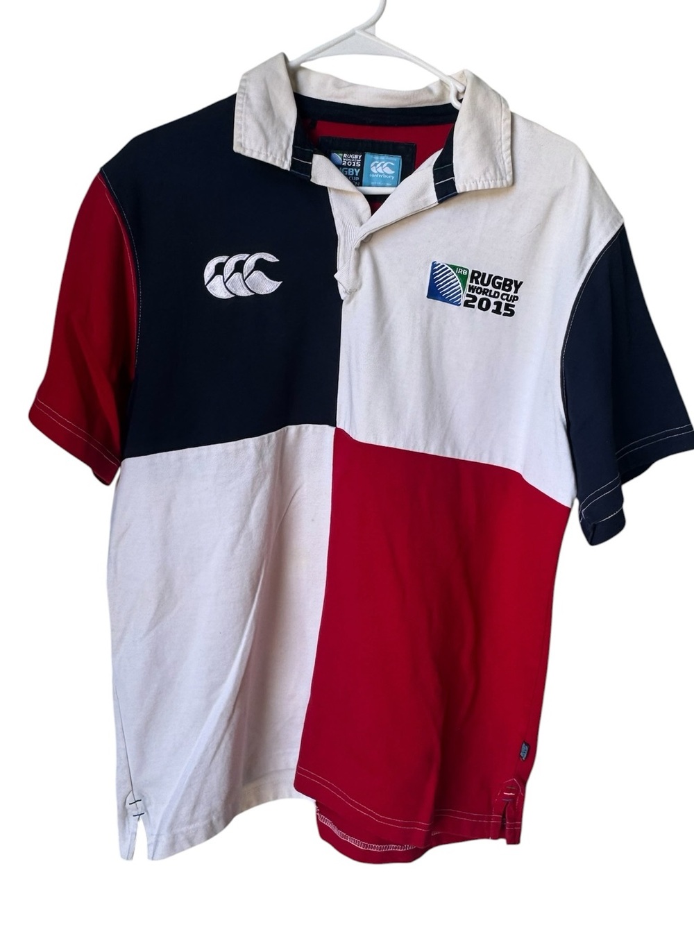 High End Canterbury Rugby World Cup 2015 Colorblock Polo Navy Red White Men’s L